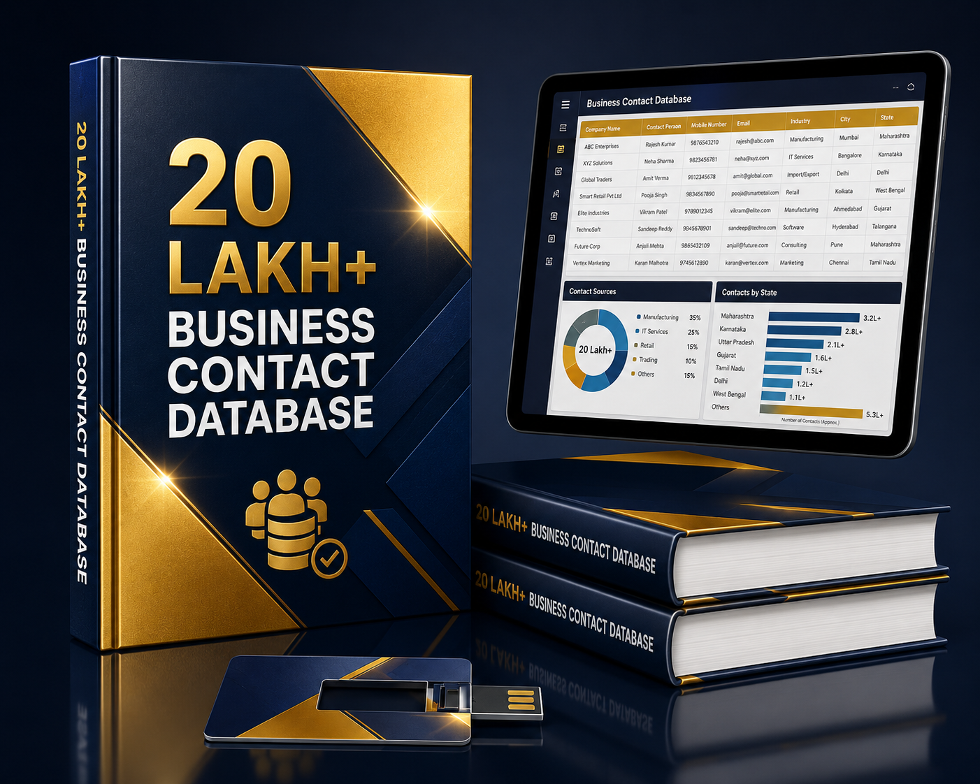 20 Lakh+ Business Contact Database pack shown as a book, tablet dashboard and USB card