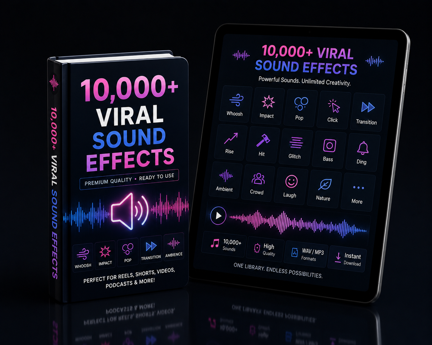 10,000+ Viral Sound Effects pack shown as a book and tablet with sound categories