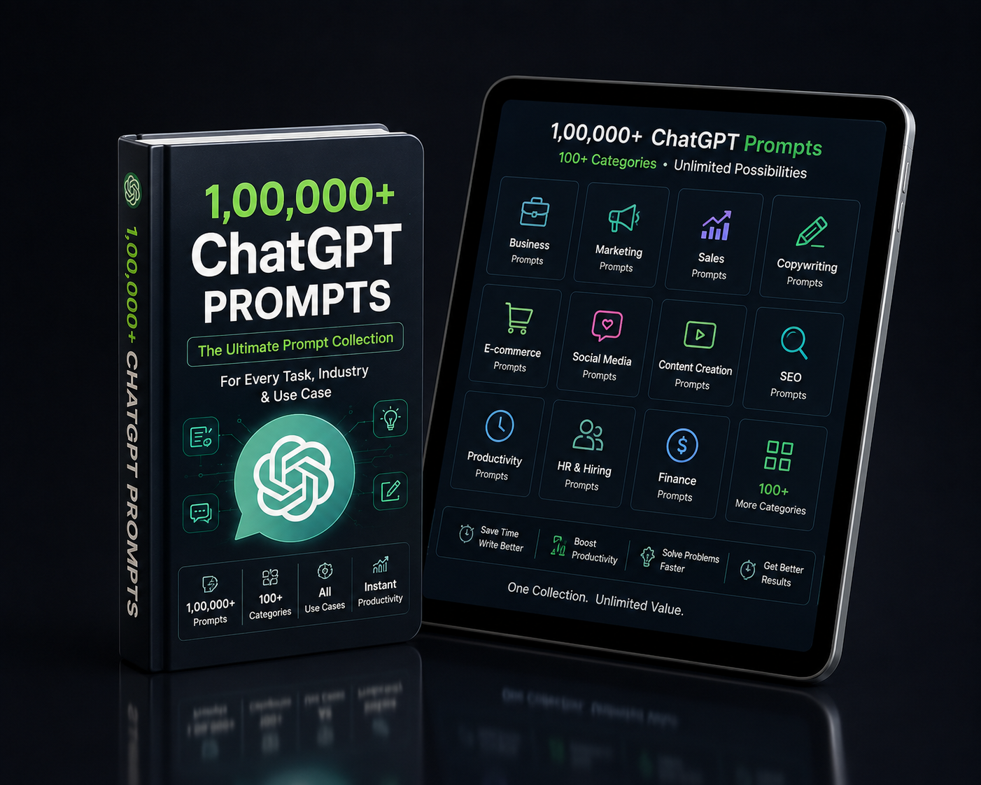 1,00,000+ ChatGPT Prompts pack shown as a book and tablet with prompt categories