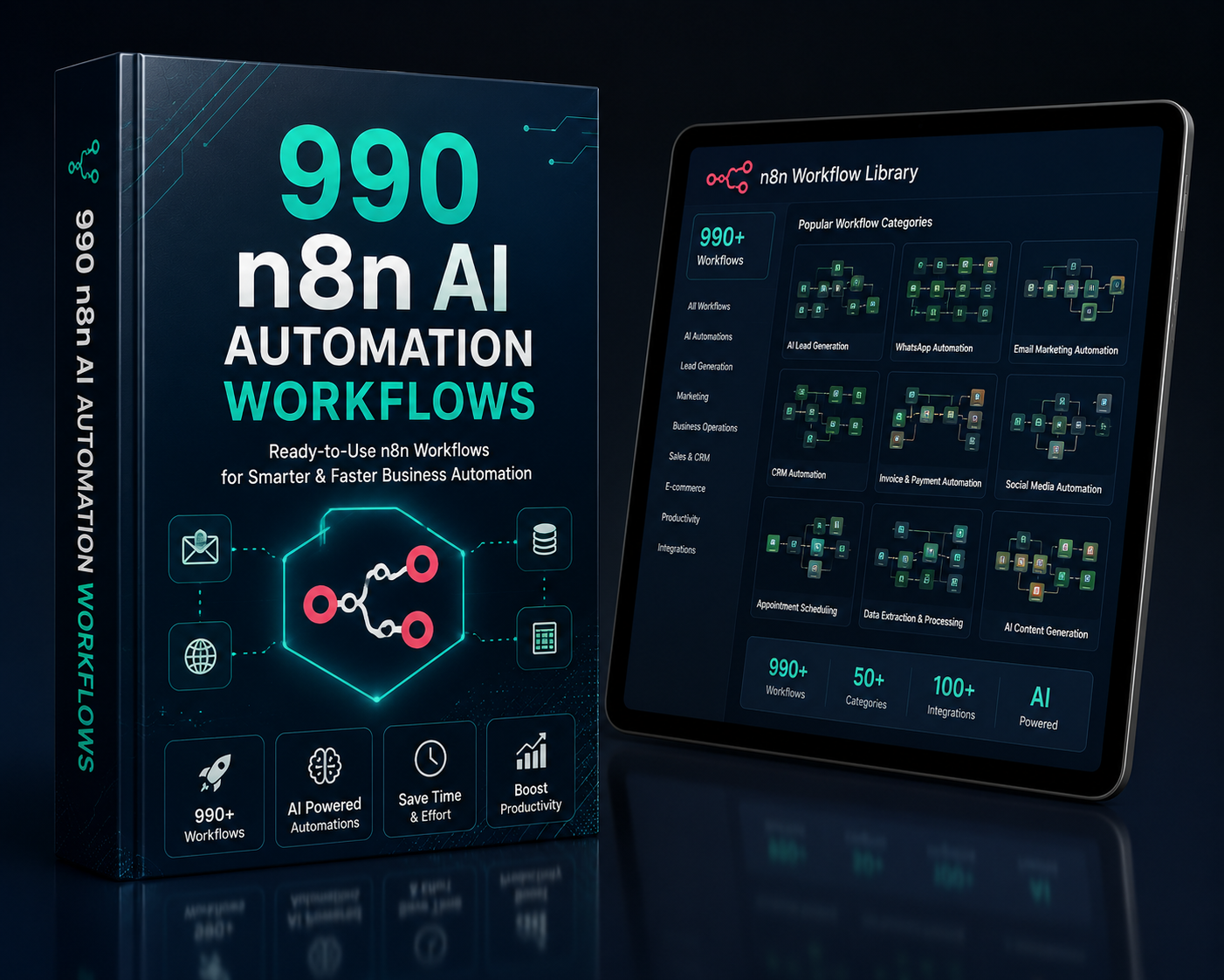 990 n8n AI Automation Workflows pack shown as a book and tablet workflow library