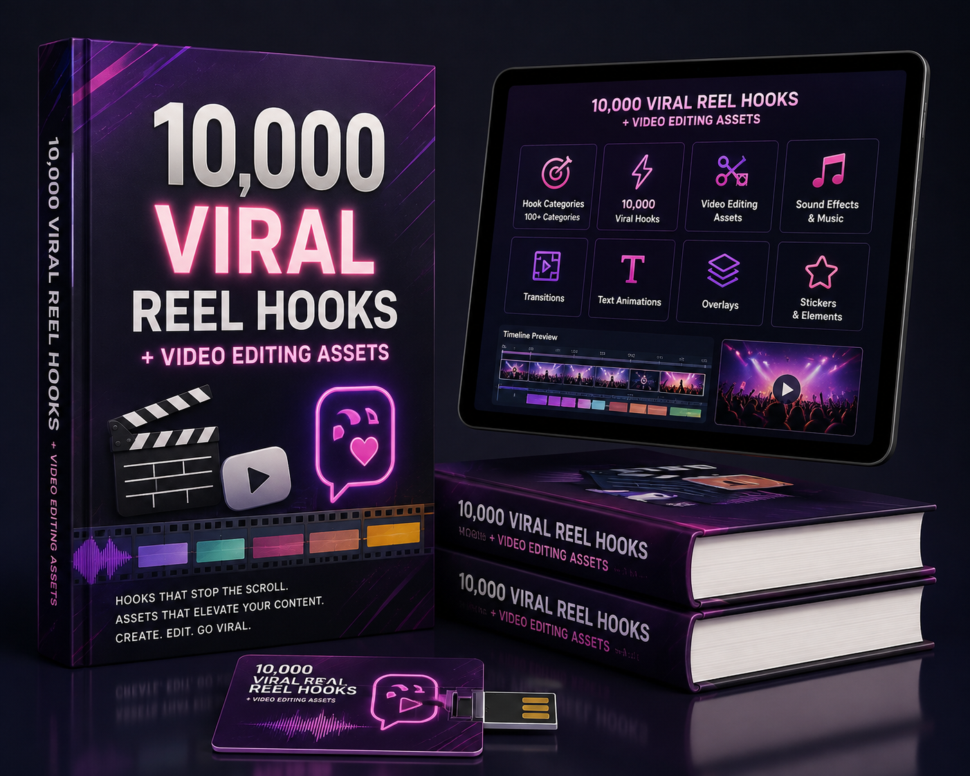 10,000 Viral Reel Hooks and video editing assets pack shown as a book, tablet and USB card